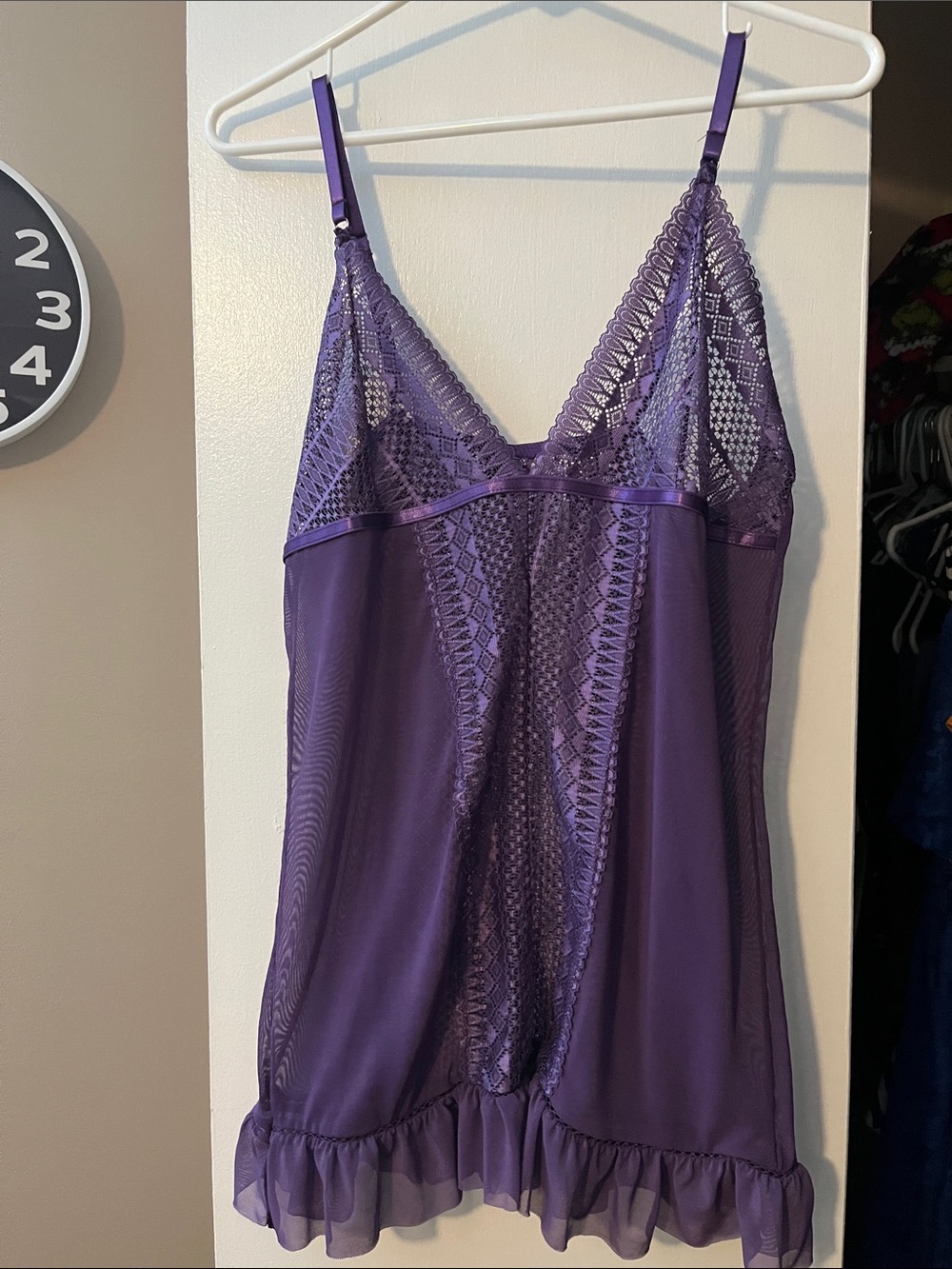 Lace & Mesh Purple Chemise with Ruffle Hem
